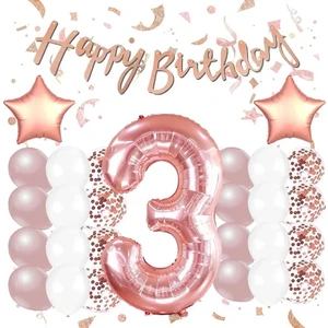 Balon Diyarı Rose Gold Konsept Yaş Doğum Günü Kutlama Seti; Beyaz Gold Konfetili Balon, Rakam Yıldız Folyo ve Banner
