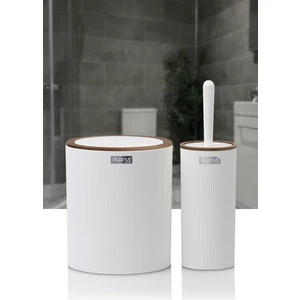 Okyanus Home Mina Beyaz Ahşap Desenli Çizgili Yuvarlak 2'Li Wc Kova Ve Fırça Seti