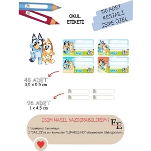 EyER Shoping Bluey Kitap Defter Okul Etiketi 150 Adet Kesimli(Ad-Soyad Istekli)