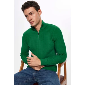 Erkek Slim Fit Dar Kesim Dik Yaka Fermuarlı Yeşil Kazak