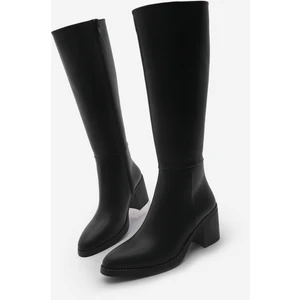 Kadın Kalın Topuklu Dizaltı Topuklu Çizme Aktone Siyah