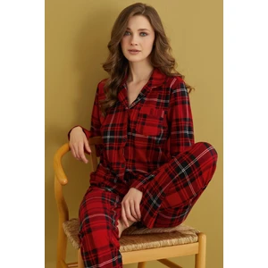 Kadın Gömlek Yaka Önden Düğmeli Saten Biyeli Göğüs Cepli Süet Kışlık Uzun Kol Pijama Takımı