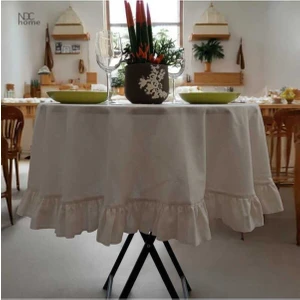 Ham Keten Krem Fırfırlı Yuvarlak Masa Örtüsü