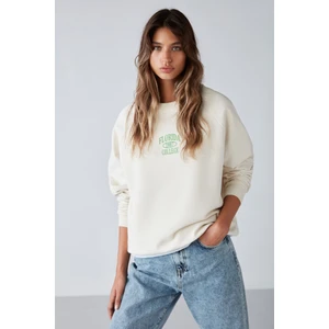 Adrıelle Relaxed Fit Nakış Baskılı Örme Bisiklet Yaka Ekru Sweatshirt