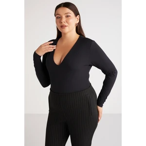 Marjabb Kadın Vücudu Tamamen Saran Slim Fit Derin V Yaka Çıtçıtlı Kırık Siyah Büyük Beden Bluz