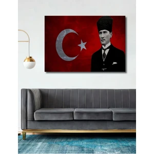 Dekoratif Atatürk ve Türk Bayrağı Ahşap Tablo Şık Yatay Duvar Dekorasyon Tablosu