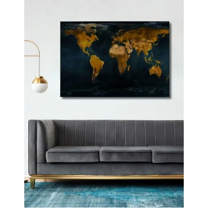 Dekoratif Salonunuz Için Gold Dünya Haritası Ahşap Tablo Şık Yatay Duvar Dekorasyon Tablosu