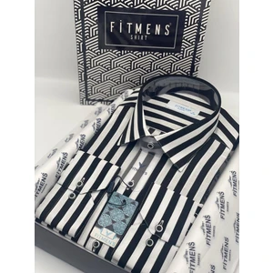 Klasik Uzun Kol Çizgili Yaka Düğmeli Cepsiz Erkek Gömlek T.1269 Siyah Beyaz