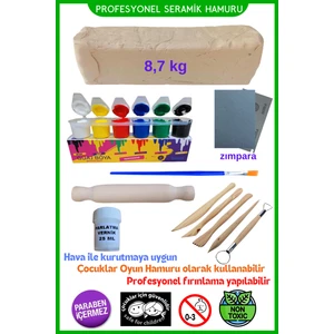 Oyun ve Sanat Seramik Hamuru 8,7 Kg, 5li Ahşap Ebeşuar (Modelaj Seti), Zımpara, Merdane, Guaj Boya, Fırça, Doğal Kil Çamuru