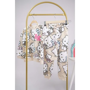 Kız Çocuk Okula Dönüş Sıfır Yaka Hello Kitty Çiçek Desenli Pamuk Eşofman Takımı