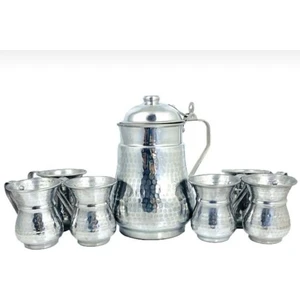 Özyetişen Metal Sürahi Bardak Takımı Seti Dövme Desenli 7 Parça Alüminyum