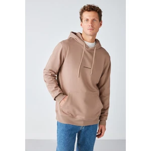 Epıc Erkek Yumusaçık Kumaşlı Kapüşonlu Kordonlu Regular Fit Nakışlı Vizon Sweatshirt