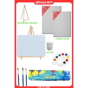 Resim - Boya Seti - Mini Masa Şövalesi, 2 Adet Tuval, Resim Verniği, Akrilik Boya, Palet, (Şövalye) Mini Şövale Set