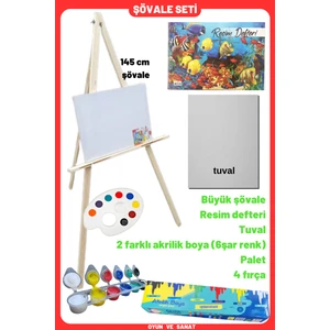 Resim Boyama Başlangıç Seti - (Şövalye), Tuval, 2 Adet Akrilik Boya, Resim Defteri Akrilik Şövale