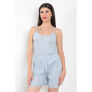 İp Askılı Şortlu Kaşkorse Kadın Pijama Takımı Pamuk Karışımlı Kumaş Mavi - 6015