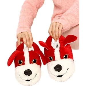 Unisex Sevimli Köpek Figürlü Kaymaz ve Ses Yapmaz Taban Ev Panduf Kırmızı