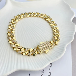 Gurmet Bileklik Tam Tur Zirkon Taşlı Kalın Zincir Çelik Kararmaz Xuping 14Ayar Gold 20cm 