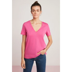 Mabel Kadın  Pamuk V Yaka Yarım Kollu Pembe T-Shirt