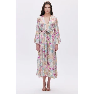 Feu De Elu Marguerite Desenli Uzun Saten Sabahlık / Kimono