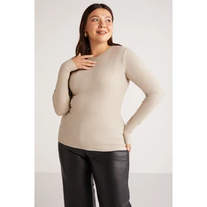 Ainobb Kadın Fitilli Görünümlü Vücudu Tamamen Saran Yuvarlak Yaka Bej Büyük Beden Bluz