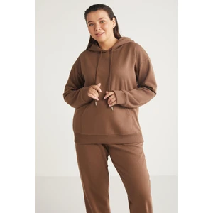 Terezabb Kadın İçi Polarlı Yumuşacık Comfort Fit Kapüşonlu Kanguru Cep Kahverengi Büyük Beden Sweatshirt