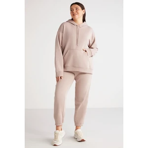 Terezabb Kadın İçi Polarlı Yumuşacık Comfort Fit Kapüşonlu Kanguru Cep Pembe Büyük Beden Sweatshirt