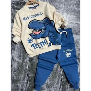 Punıx Kıds Özel Üretim Mavi Dinazor Baskılı Kışlık Çift Cep Erkek Çocuk Eşofman Takımı