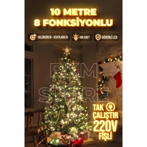 Rkm Store LED Işık Gün Işığı 10 Metre Yılbaşı Işığı Fişli Şeffaf Kablolu 8 Fonksiyonlu Eklemeli