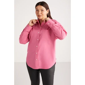Susan Kadın Büyük Beden Poplin Manşetli Oversize Pembe Büyük Beden Gömlek