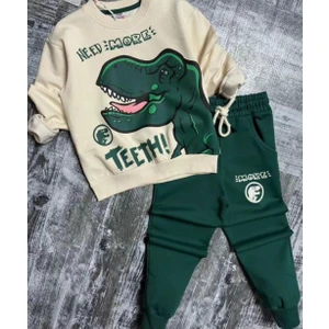 Punıx Kıds Özel Üretim Bisiklet Yaka Yeşil Dinazor Baskılı Kışlık Erkek Çocuk Eşofman Takımı