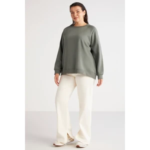 Ethiquet Barborabb İçi Polarlı Yumuşacık Comfort Fit Yuvarlak Yaka Yeşil Büyük Beden Sweatshirt