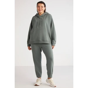 Lenkabb Kadın İçi Polarlı Comfort Fit Beli ve Paçası Lastikli Yeşil Eşofman Altı
