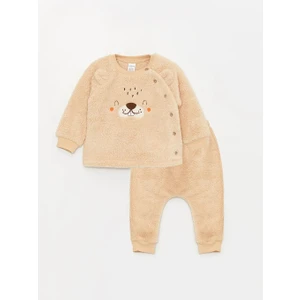 Lcw Baby bej Bisiklet Yaka Uzun Kollu Erkek Bebek Pelüş Hırka ve Pantolon 2'li Takım
