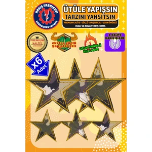 Ütü Ile Yapışan Nakışlı Patch Arma Peç, Kamuflajlı Yıldız (6 ADET), Kaliteli Nakış Dokuma Aplike Yama