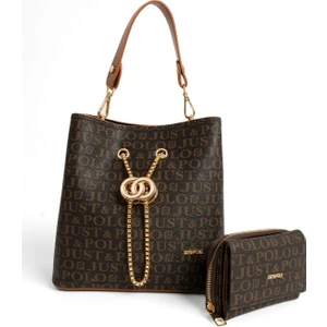 Just Polo Monogram Baskılı 3 Bölmeli Kadın El & Omuz Çantası ve Cüzdan Kombini 24X23CM MDS20641002