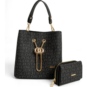 Just Polo Monogram Baskılı 3 Bölmeli Kadın El & Omuz Çantası ve Cüzdan Kombini 24X23CM MDS20641002