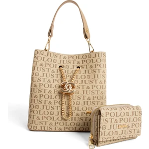 Just Polo Monogram Baskılı 3 Bölmeli Kadın El & Omuz Çantası ve Cüzdan Kombini 24X23CM MDS20641002