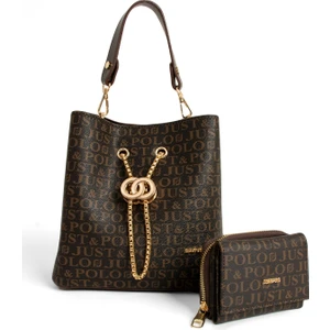 Just Polo Monogram Baskılı 3 Bölmeli Kadın El & Omuz Çantası ve Cüzdan Kombini 24X23CM MDS20641002