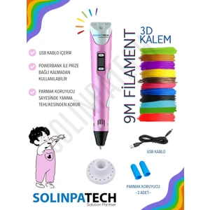 Pembe 3D Pen Üç Boyutlu Yazıcı Kalem Printer (3 Adet 3 Metre Filament -9 Metre- ve USB Kablo Dahil)