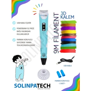 Mavi 3D Pen Üç Boyutlu Yazıcı Kalem Printer (3 Adet 3 Metre Filament -9 Metre- ve USB Kablo Dahil)