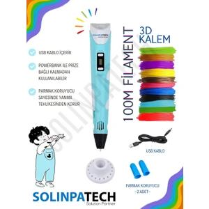 Mavi 3D Pen Üç Boyutlu Yazıcı Kalem Printer (20 Adet 5 Metre Filament -100 Metre- ve USB Kablo Dahil)