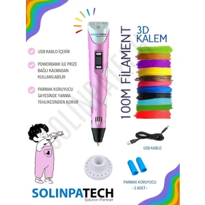 Pembe 3D Pen Üç Boyutlu Yazıcı Kalem Printer (20 Adet 5 Metre Filament -100METRE- ve USB Kablo Dahil)