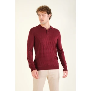 Erkek Baklava Desenli Polo Yaka Merserize Kazak Bordo