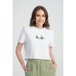 Crop Pine Forest %100 Pamuk Nakışlı T-Shirt Beyaz