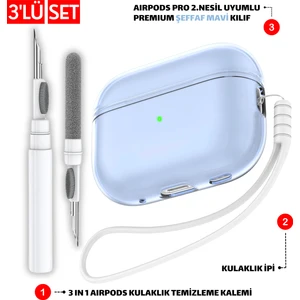 Pro 2.nesil Uyumlu Şeffaf Mavi Kulaklık Kılıfı, Kulaklık Ipi ve 3'ü 1 Arada Temizleme Kalemi Seti