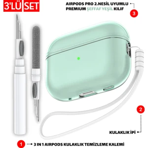 Pro 2.nesil Uyumlu Şeffaf Yeşil Kulaklık Kılıfı, Kulaklık Ipi ve 3'ü 1 Arada Temizleme Kalemi Seti