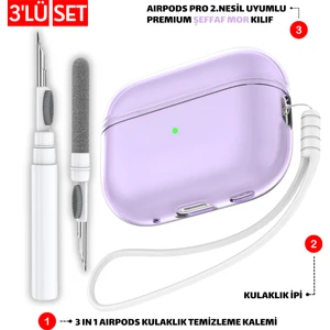 Pro 2.nesil Uyumlu Şeffaf Mor Kulaklık Kılıfı, Kulaklık Ipi ve 3'ü 1 Arada Temizleme Kalemi Seti