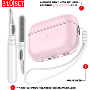 Pro 2.nesil Uyumlu Şeffaf Pembe Kulaklık Kılıfı, Kulaklık İpi ve 3'ü 1 Arada Temizleme Kalemi Seti