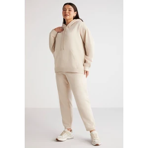 Lenkabb Kadın İçi Polarlı Comfort Fit Beli ve Paçası Lastikli Bej Eşofman Altı