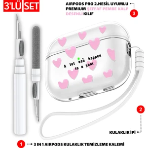 Pro 2.nesil Uyumlu Şeffaf Pembe Kalp Desen Kılıf, Kulaklık Ipi ve 3'ü 1 Arada Temizleme Kalemi Seti